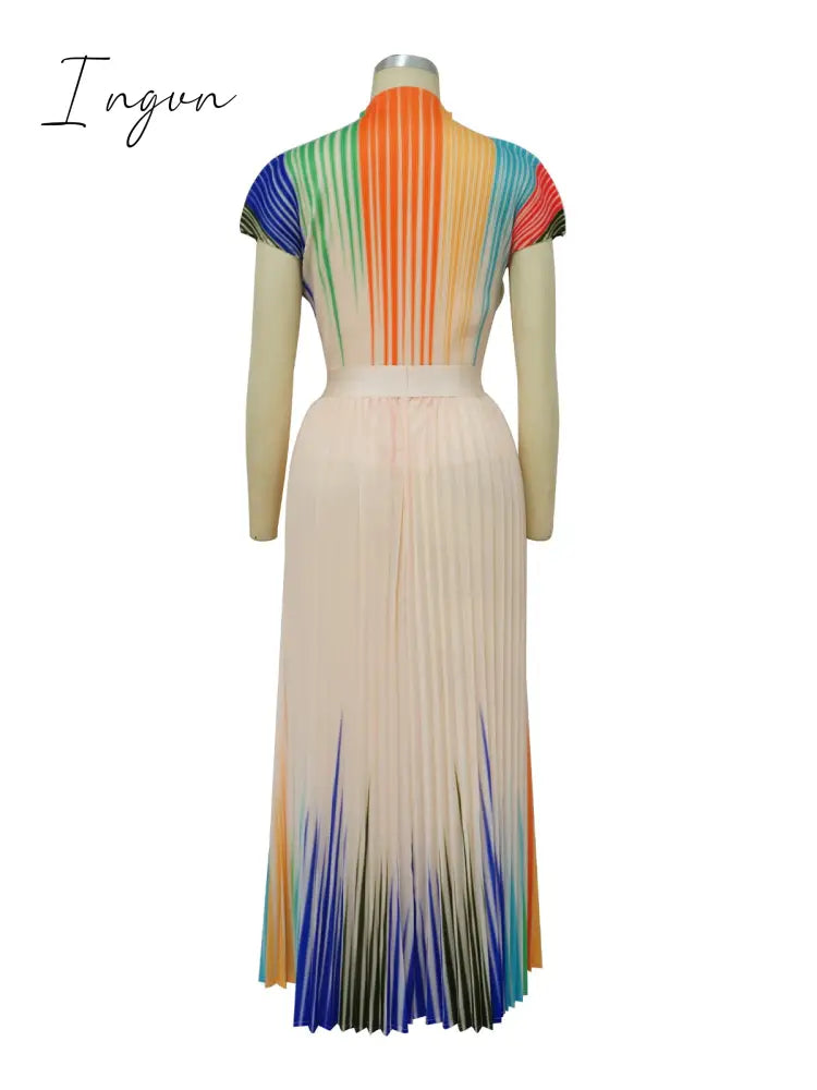 Ingvn - Long Pleated Dress Sets Women 2 Piece Outfits Summer Short Sleeve Gardient Print Swing Skirt Set Elegant Casual 2023 New In
