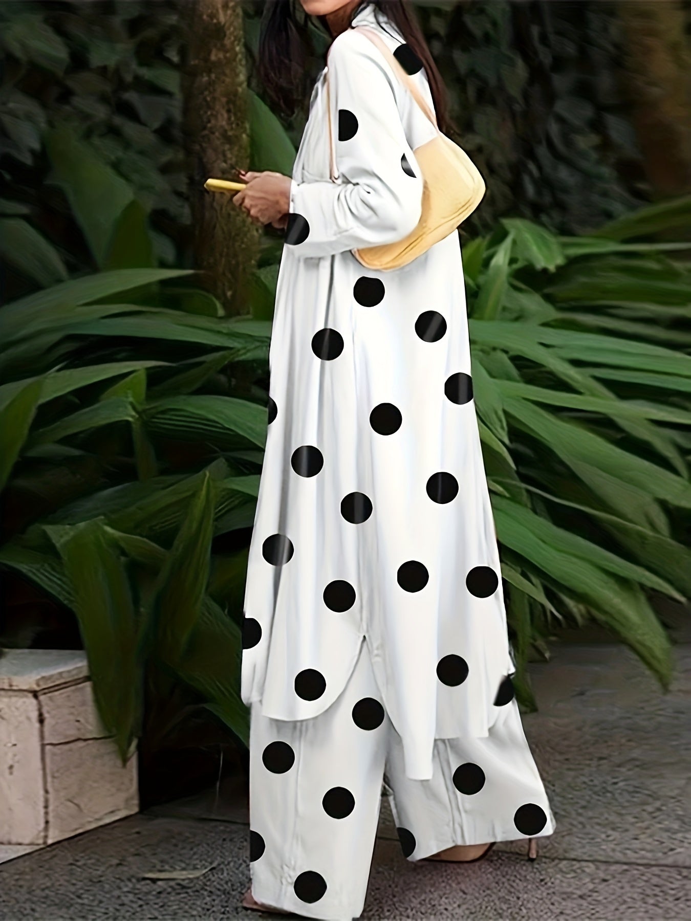 Plus Size Elegant Outfits Set, Women's Plus Dot Print Long Sleeve Lapel Collar Longline Shirt Top & Wide Leg Pants Outfits Two Piece Set