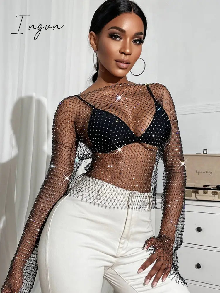 Ingvn - Sexy see through mesh Rhinestone tank top women summer shiny club party crop top long sleeve beach cover up fishnet tops t shirt