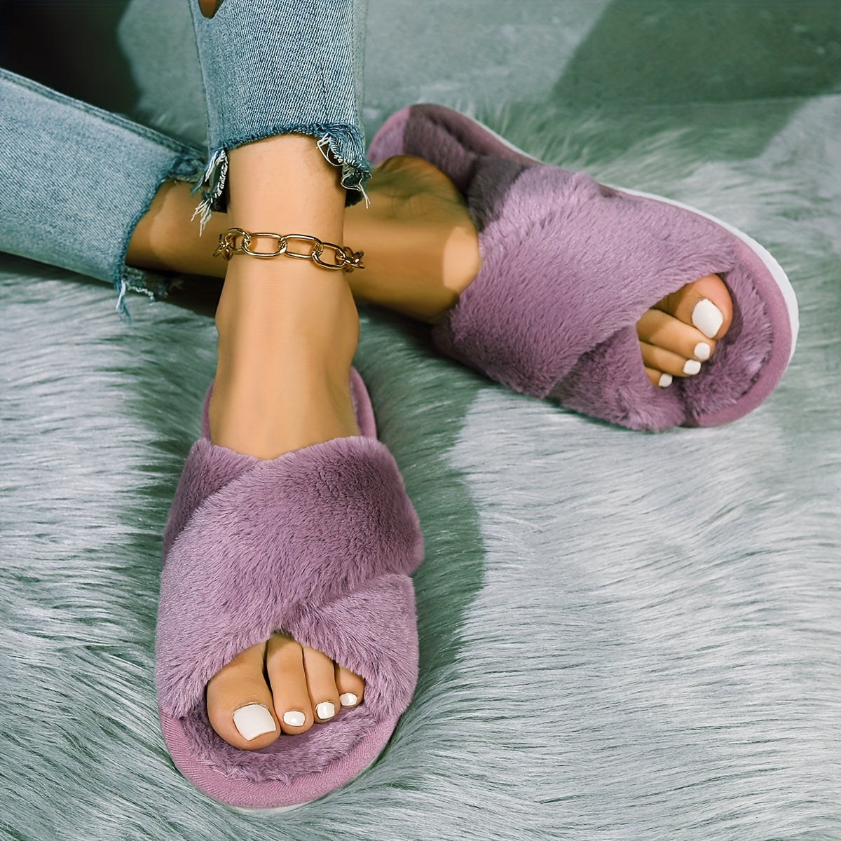 Cozy Faux Fur Slippers - Plush Cross-Band, Open-Toe Design, Comfy Soft-Sole for Indoor Warmth