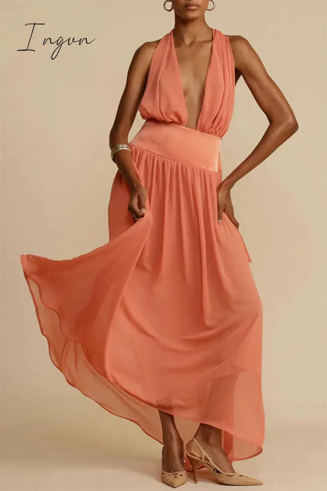 Ingvn - Sexy Vacation Solid Frenulum Backless V Neck Beach Dress Dresses