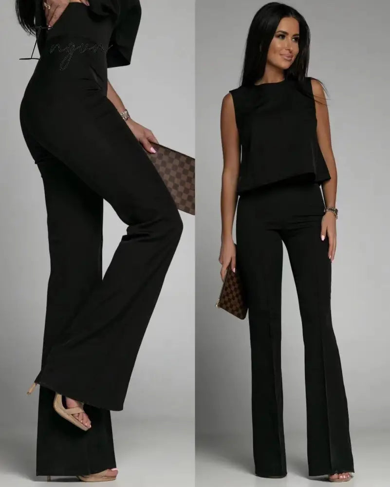 Ingvn - Office Elegant Commuter Set Fashion O-neck Sleeveless Tops and Flared Pants Suit Women Sexy Backless Tie Solid Two Piece Outfits