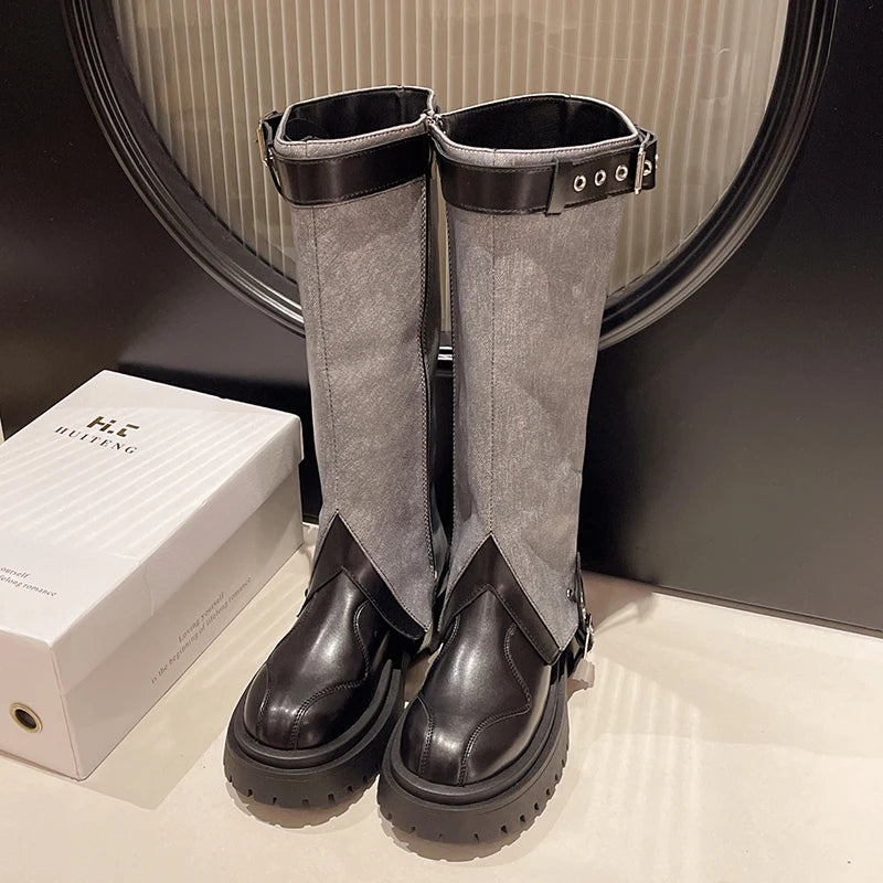 Ingvn  Vintage Winter Belt Buckle Women Knee High Boots Fashion Slip On Long Booties Designer Thick Heels Botas De Mujer