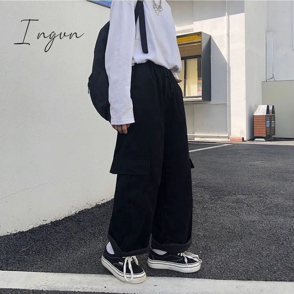 Ingvn - Summer Outfits Trends Women's Cargo Pants Corduroy Wide Leg Pocket Jogger Trousers Autumn Winter Casual Loose Streetwear Harajuku Harem Pant Females