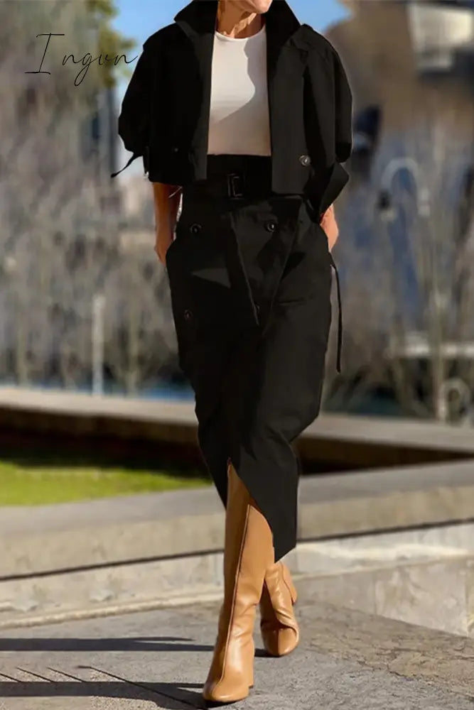 Ingvn - British Style Elegant Solid Pocket Buttons Turndown Collar Long Sleeve Two Pieces