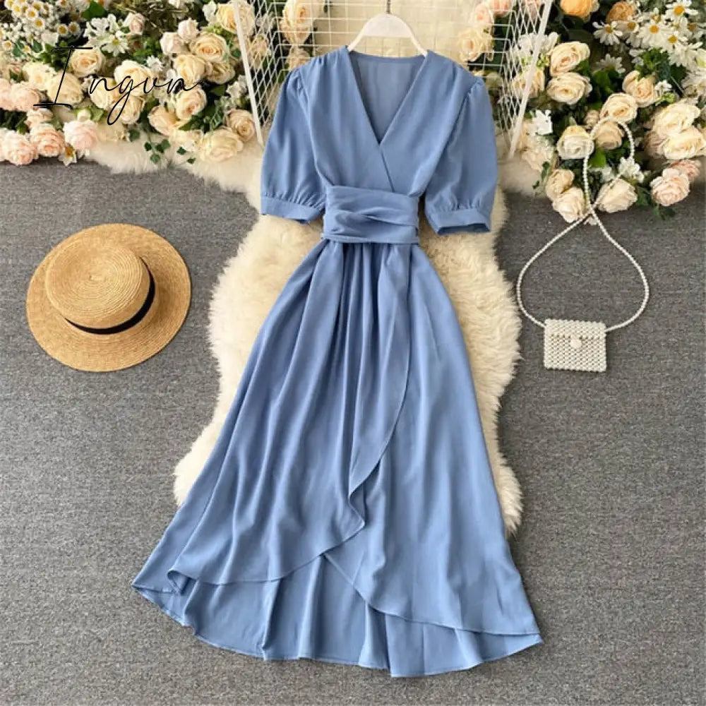 Ingvn - Women Summer Midi French Dress Sweet V-Neck Puff Sleeve High Waist Elegant Solid Woman Dresses Female Clothing New Year