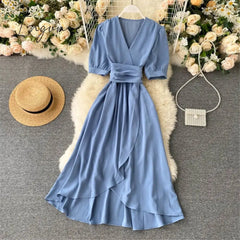Ingvn - Women Summer Midi French Dress Sweet V-Neck Puff Sleeve High Waist Elegant Solid Woman Dresses Female Clothing New Year