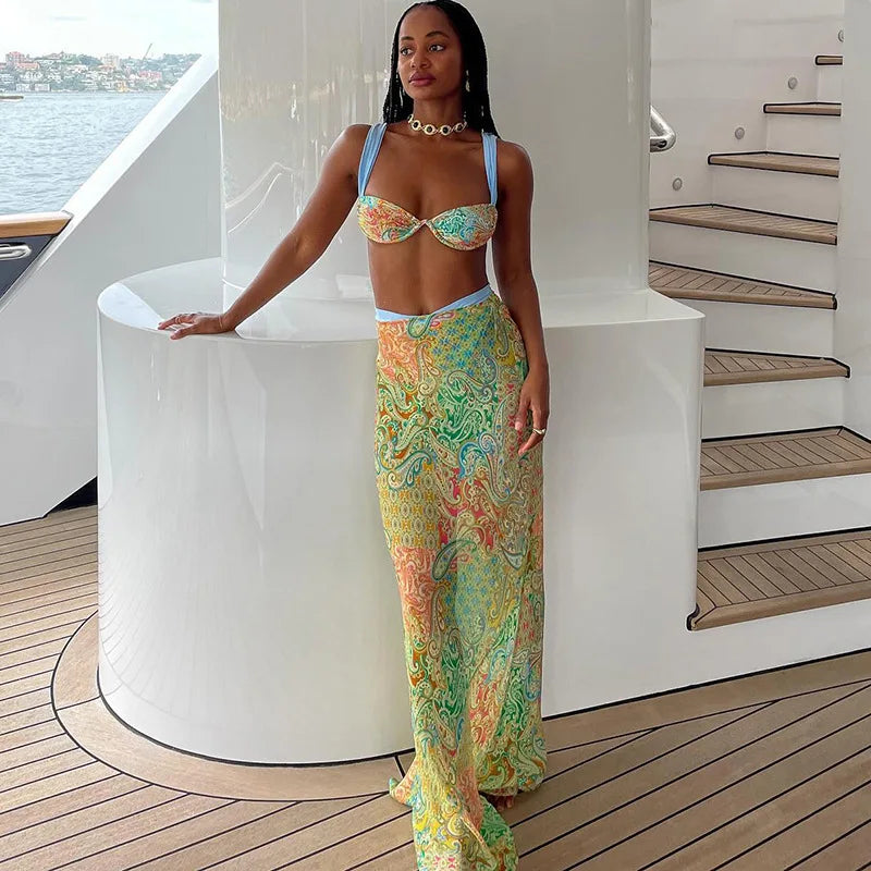 Summer Sexy Print 3 Pics Dress Set Women Pleated Bra + Low Waist Print Long Skirt Suit Female Summer Vacation Beachwear Suits