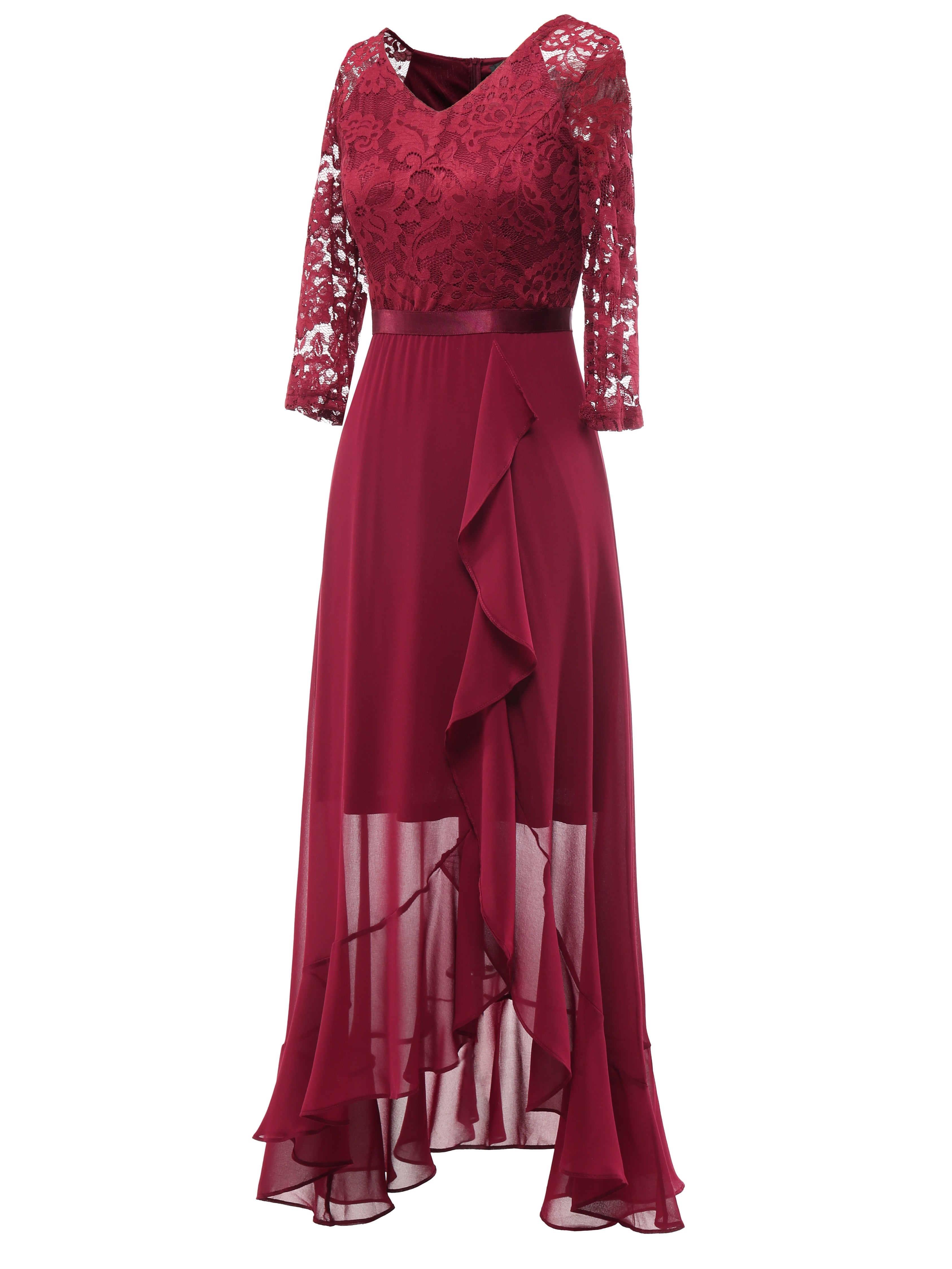 Solid Lace Splicing Aline Dress, Elegant V-neck Ruffle Hem Asymmetrical Dress For Wedding Party, Women's Clothing Wedding graduation engagement occasion ceremony party holiday vacation birthday
