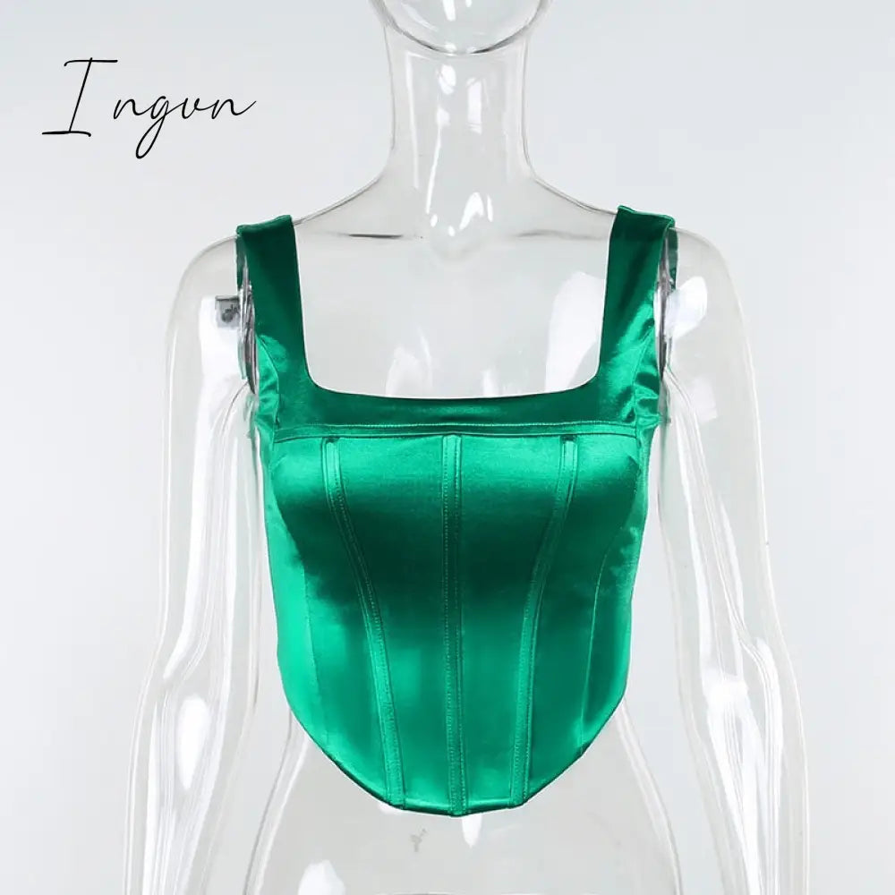 Ingvn - Tube Tank Top Girls Satin Corset Crop Tops Women Green Y2K Sleeveless Tee Black Backless Club Cami Summer Sexy Party