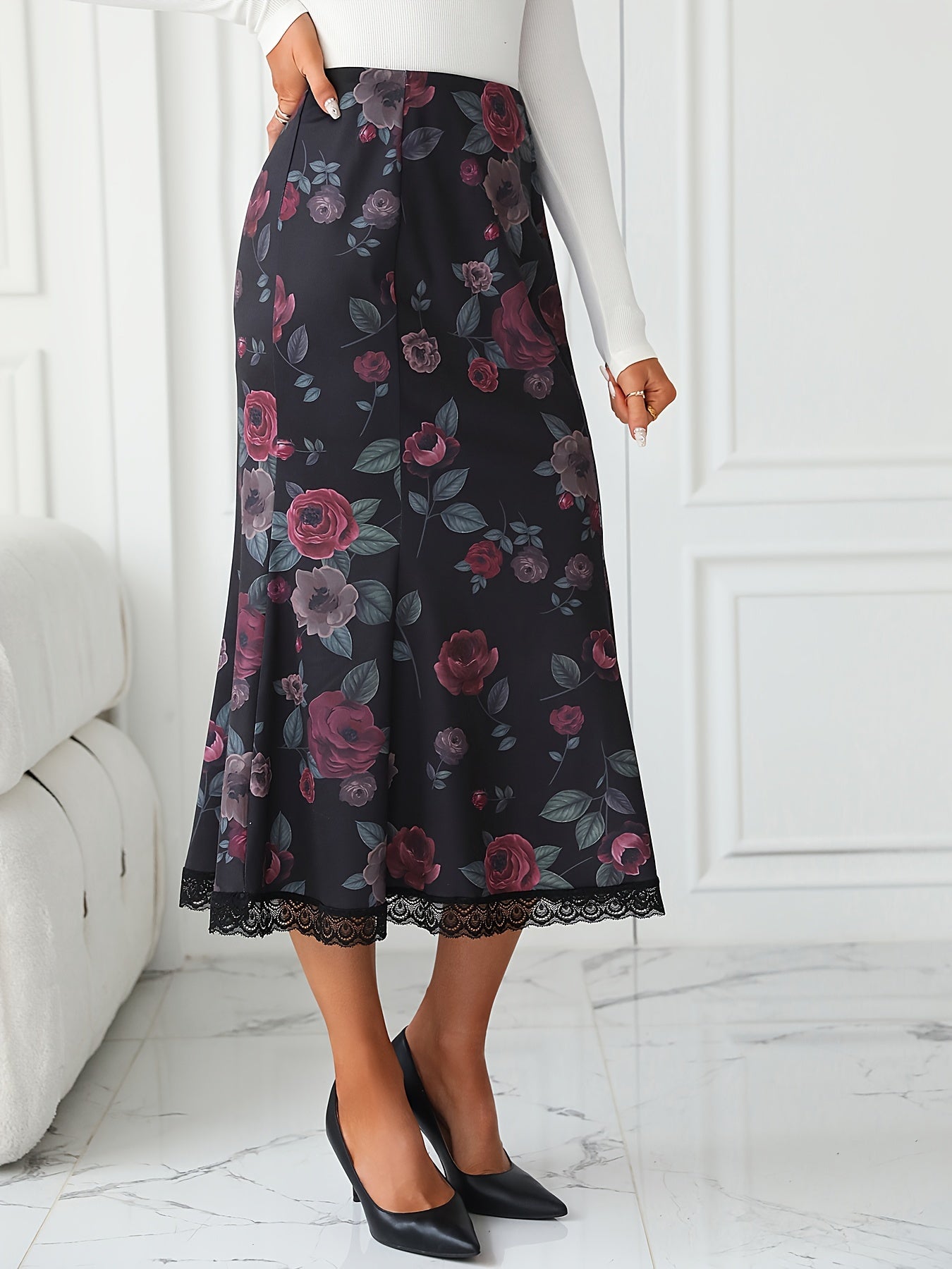 Floral Print Lace Trim Skirt, Elegant High Waist Bodycon Ruffle Midi Skirt, Women's Clothing
