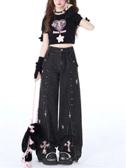 Ingvn  Women's Zipper Splicing Design Black Gray Jeans Cool Girl High Waisted Fashion Loose Pants Female Straight Retro Denim Trousers
