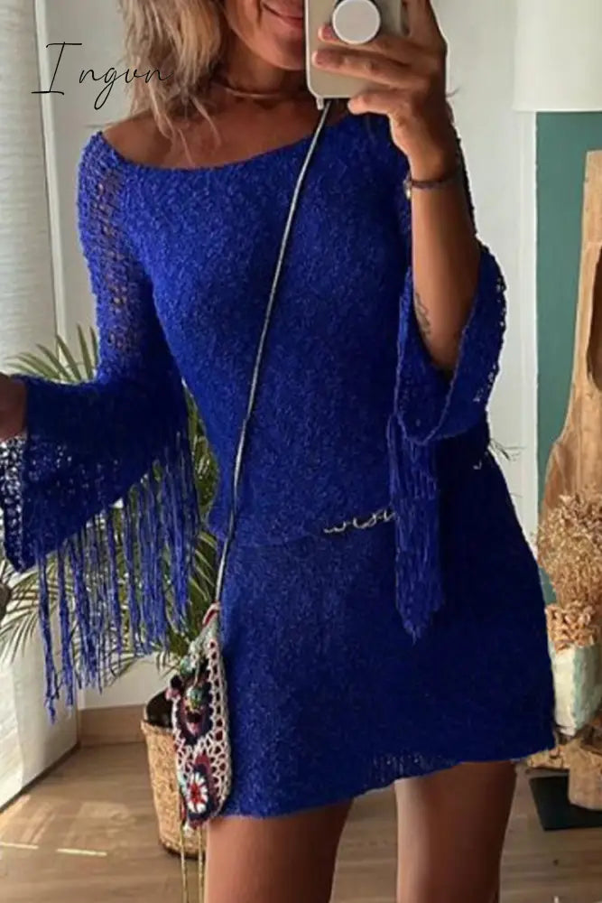 Ingvn - Sexy Solid Tassel Hollowed Out O Neck Wrapped Skirt Dresses