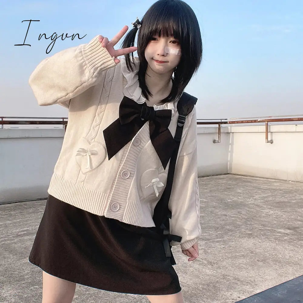 Ingvn - Spring Japan Kawaii Fashion Pink Cardigan Women Vintage Crop Knitted Sweater Cute Bow Heart Korean JK School Coat