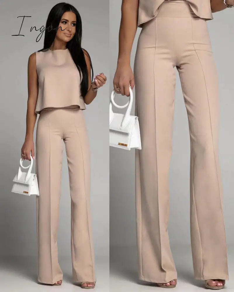 Ingvn - Office Elegant Commuter Set Fashion O-neck Sleeveless Tops and Flared Pants Suit Women Sexy Backless Tie Solid Two Piece Outfits