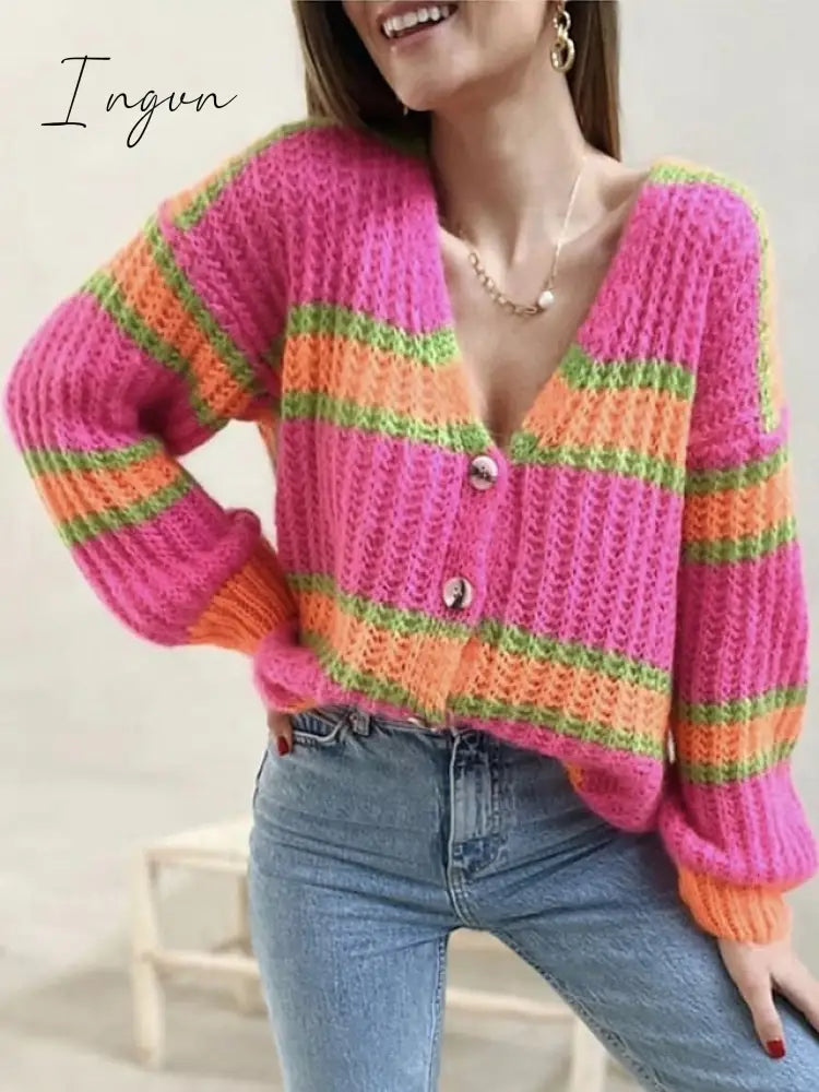 Ingvn - Women's Cardigan Sweater Jumper Chunky Knit Button Color Block V Neck Stylish Casual Outdoor Daily Fall Winter Blue Fuchsia One-Size