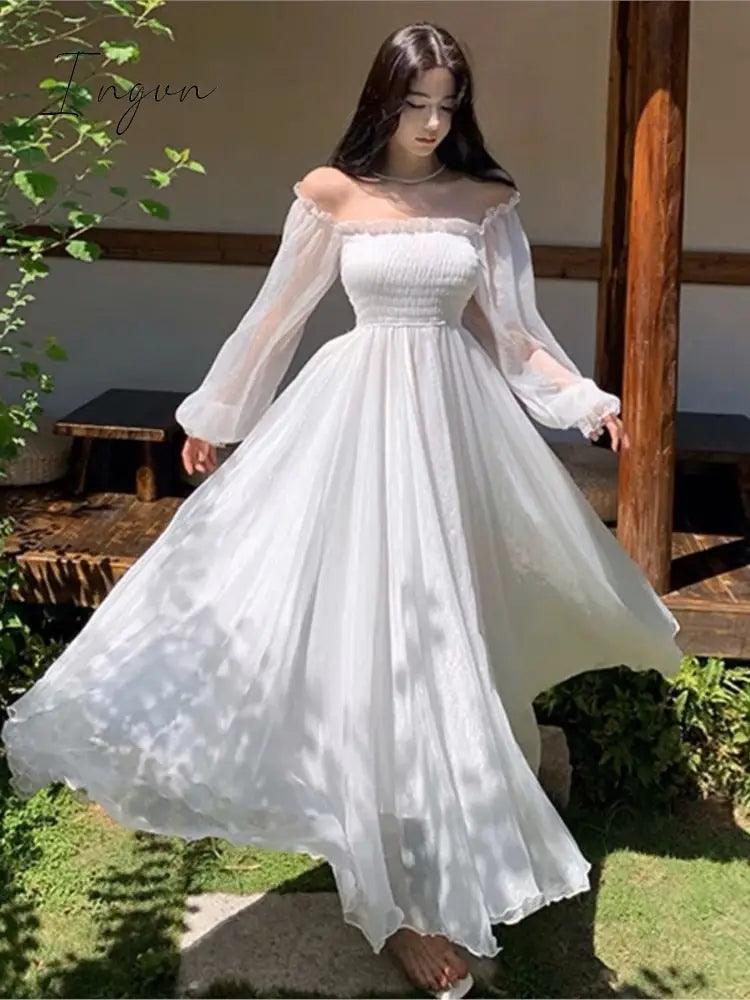 Ingvn - Elegant Holiday Beach Dresses Summer Women Solid White Puff Sleeve Slash Neck Off Shoulder Korean Fashion Chiffon Dresses