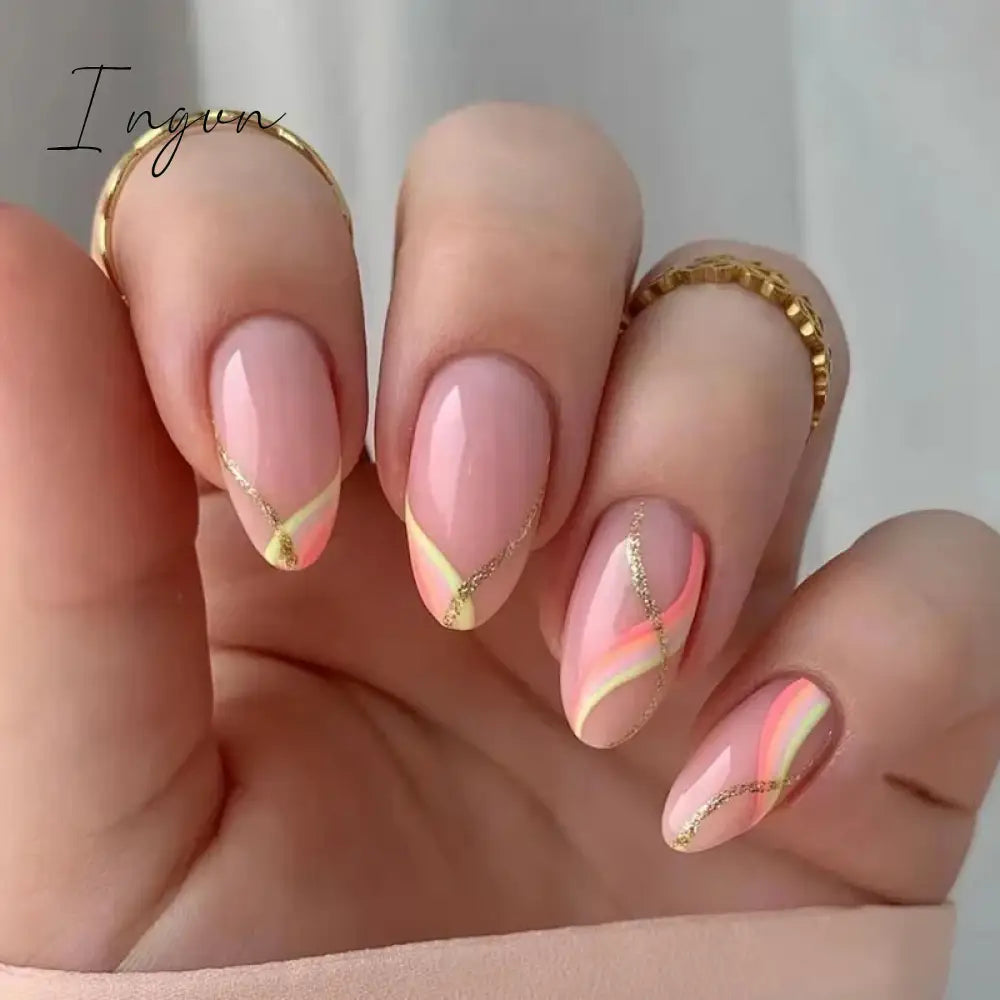24Pcs Cute Oval False Nails Reusable And Adhesives Aesthetic False Almond Nails Complete Nail Kit Acrylic Press On Set For Gel