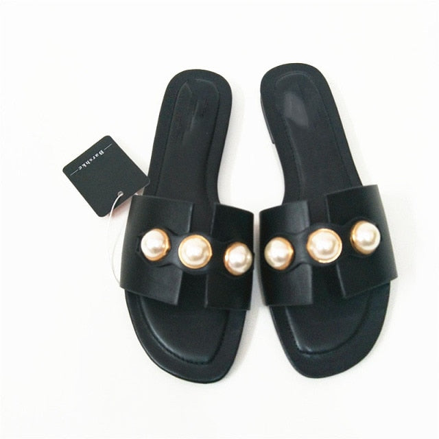 brand shoes 2026 Fashion Flat Slippers Party  shoes Fulgurant Pearl Sandals thin Belt Roman Flat Women Flip Flops Casual Beach