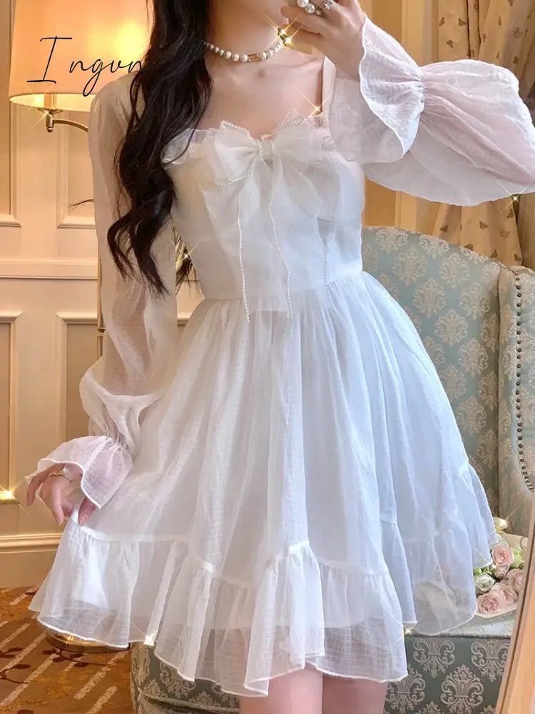Ingvn - French Sweet Fairy Lolita Dress Women Long Sleeve Lace Y2k Mini Dress Vintage Kawaii Clothes One Piece Dress Korean Autumn