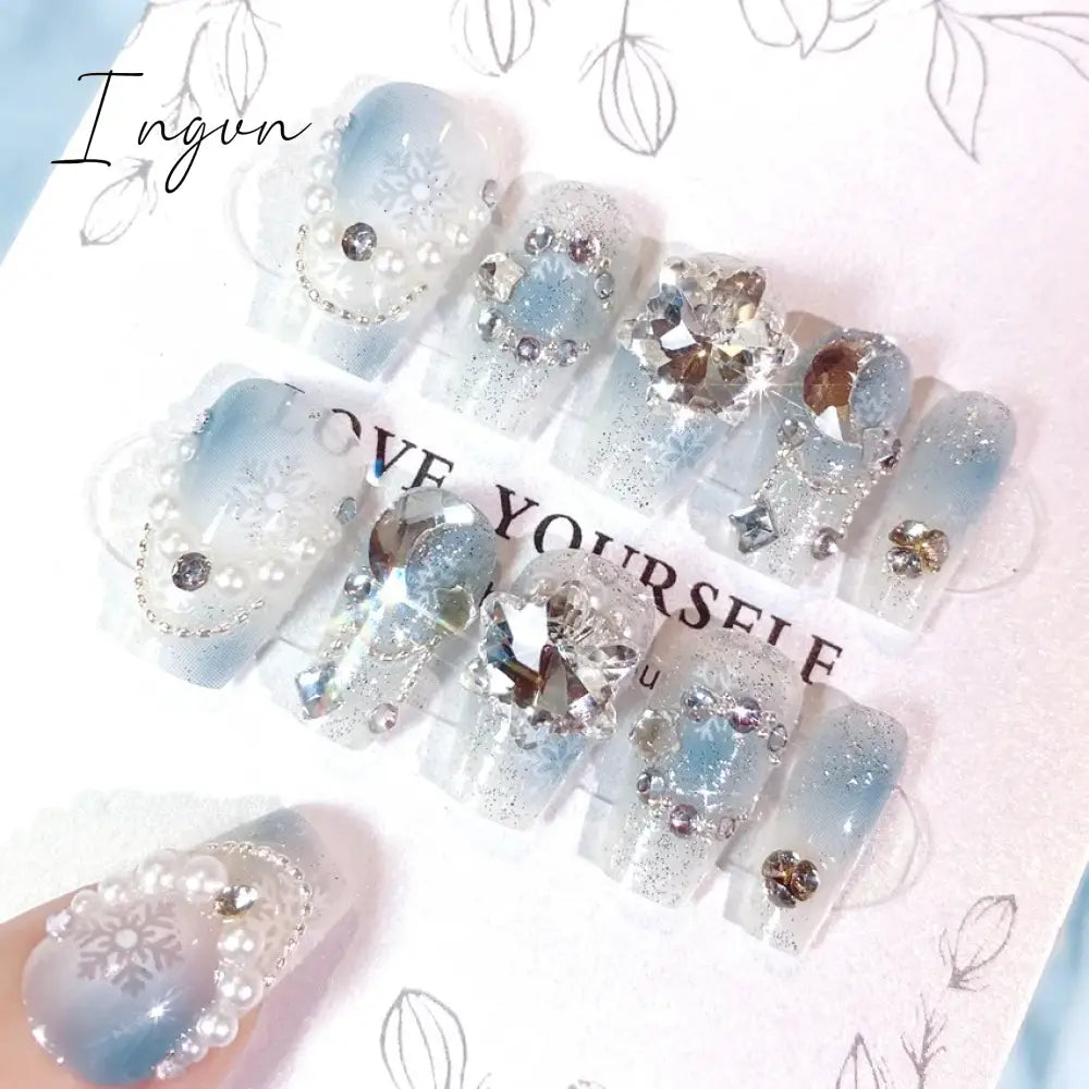 Handmade Press on Nails Long Ballet Blue Fake Nails with 3D Snowflake Moon Rhinestone Design False Nails Full Cover Nail Tips