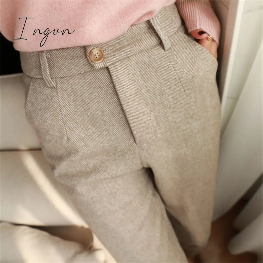Ingvn - Herringbone Woolen Pants Women's Harem Pencil Pants Autumn Winter High Waisted Casual Suit Pants Office Lady Women Trousers