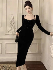 Elegant Velvet Womens Dresses Spaghetti Straps Long Sleeve Luxurious Evening Party Midi Dress Autumn Split Bodycon Vestidos New