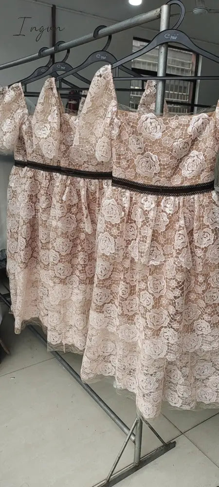 Ingvn - 2023 Summer Pink Women Lace Gauze Dress Mesh Tulle V Neck Bow Tie Rose Embroidery Midi Long Sequin Dress Evening Robe Quality