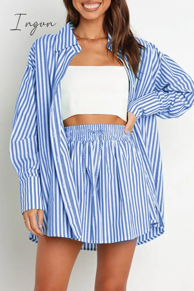 Ingvn - Casual Daily Striped Frenulum Turndown Collar Long Sleeve Two Pieces