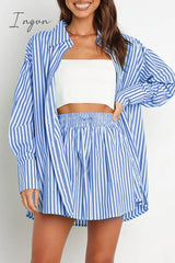Ingvn - Casual Daily Striped Frenulum Turndown Collar Long Sleeve Two Pieces