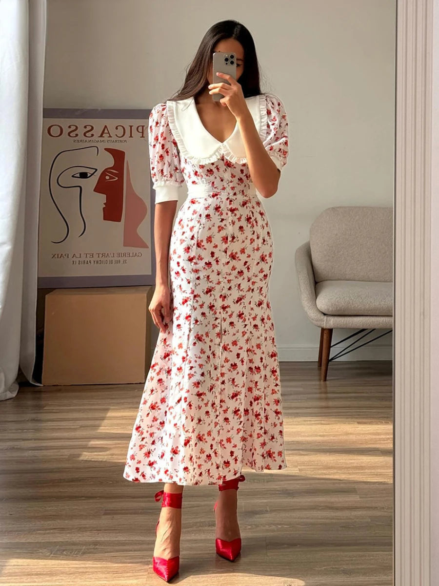 Ingvn  Fashion Slim Print Women's Dress Summer Lapel Short Sleeve Ankle Length Dresses Elegant High Waist Slit Female Dress