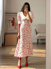 Ingvn  Fashion Slim Print Women's Dress Summer Lapel Short Sleeve Ankle Length Dresses Elegant High Waist Slit Female Dress