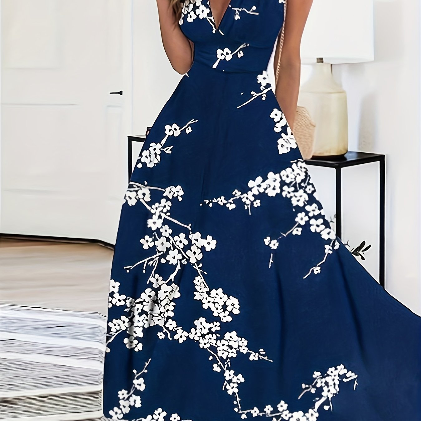 Floral Print Sleeveless Dress, Boho V Neck Simple Maxi Dress, Women's Clothing