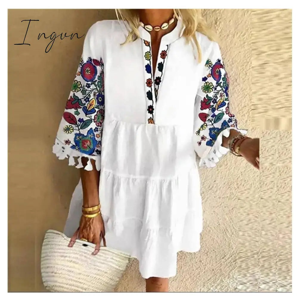 Ingvn - Fashion Tassel Sleeve Women Dress V Neck Lady Patchwork Dress Loose Casual Empire Knee Length Tassel Sleeve Dress