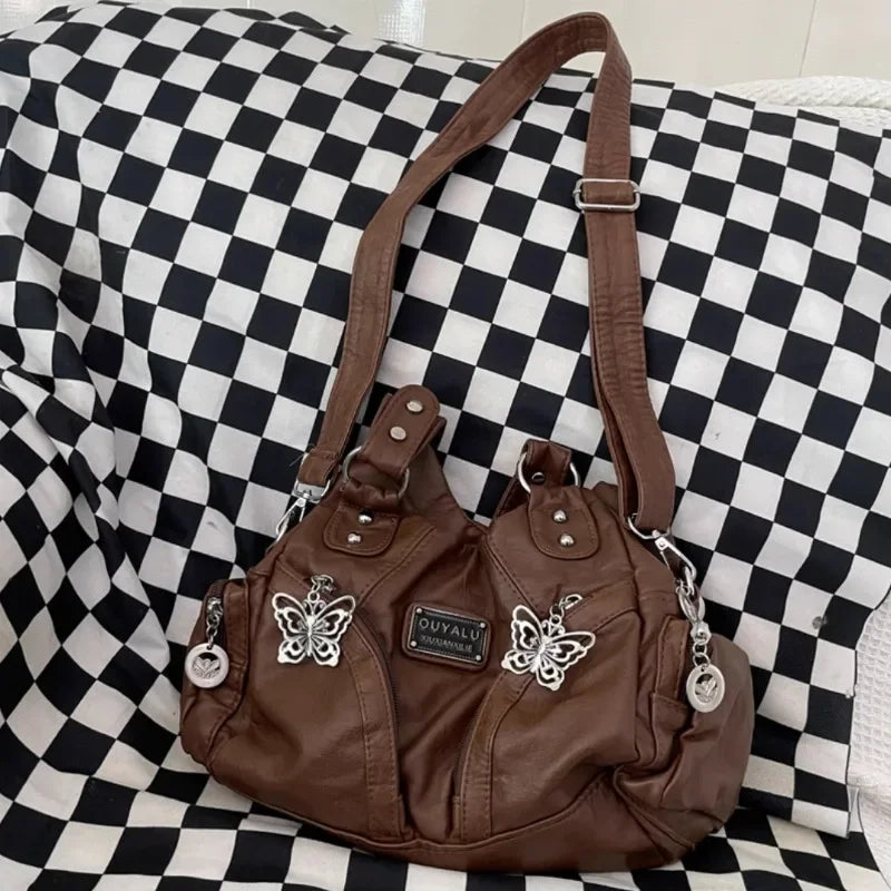 Ingvn  Brown Y2k Womens Shoulder Bag Vintage Fashion Soft Pu Leather Gothic Tote Bag Punk Harajuku Casual Large Capacity Handbag