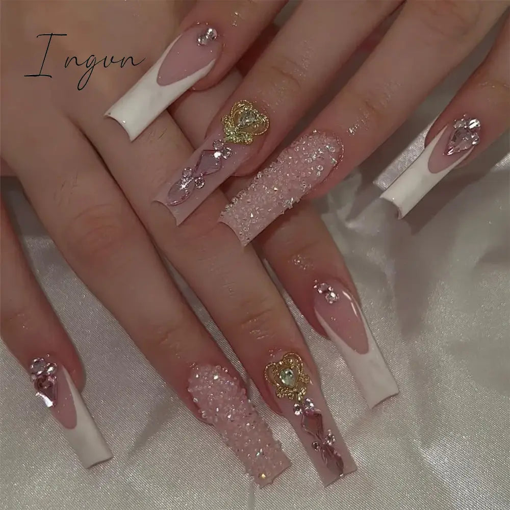 24pcs Artifical Bails With Glue Fake Nail Tips With Design Detachable Press On Nails Long Fake Nail Finished Nail Piece Sticker