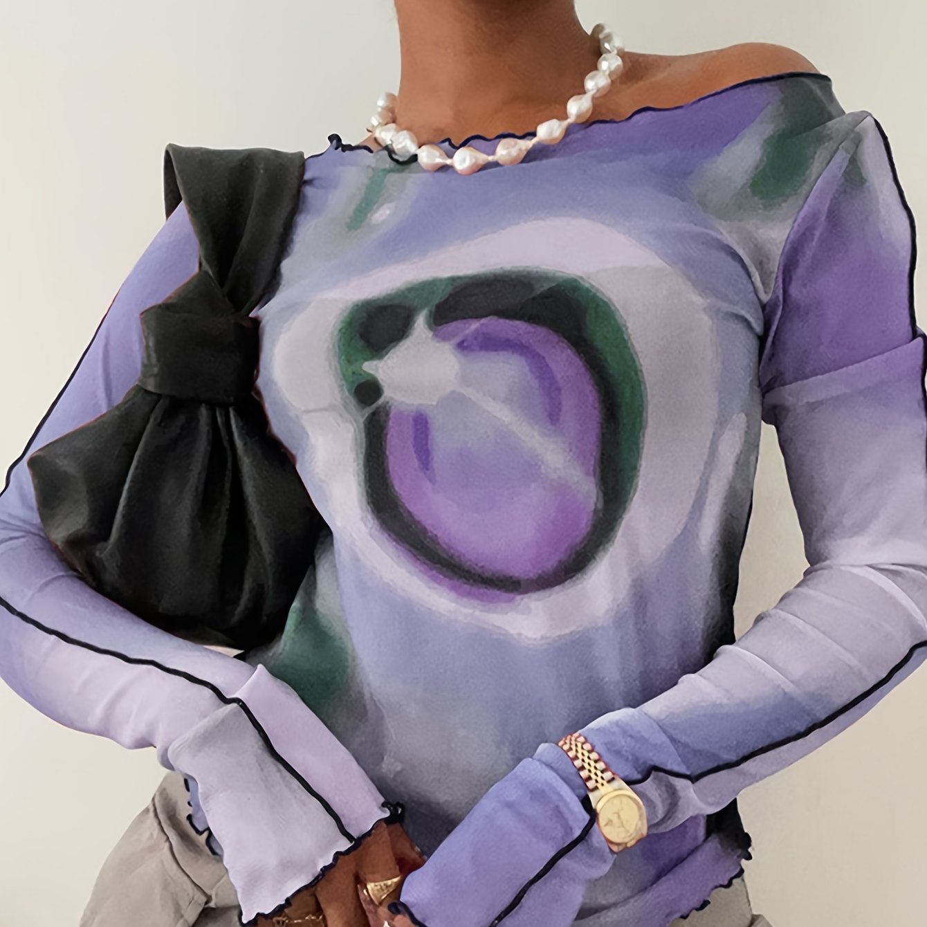 Off-Shoulder Sun & Moon Print T-Shirt with Ruffle Trim - 95% Polyester 5% Elastane Knit Fabric, Young Style Regular Length Top for Spring/Summer/Fall