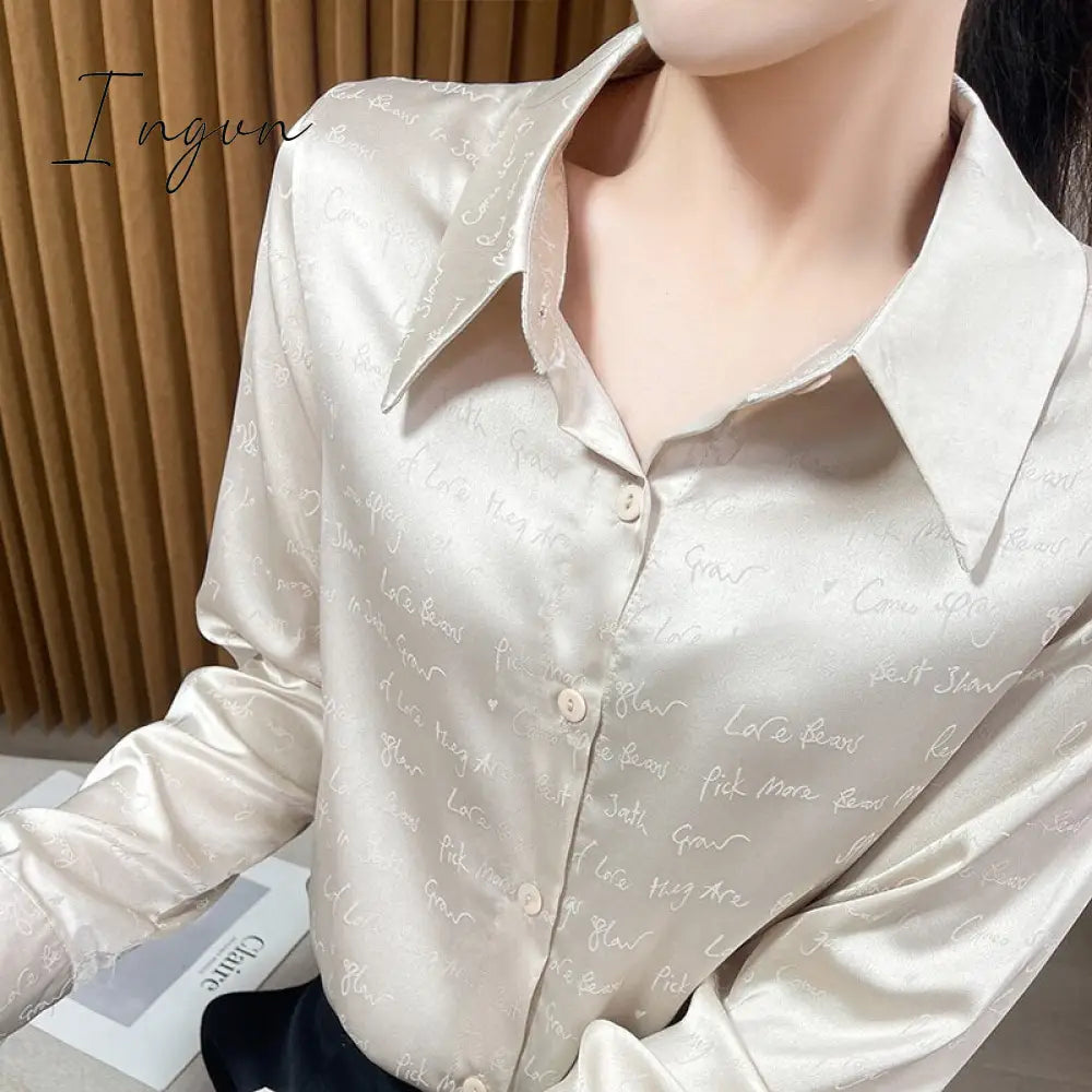 Ingvn - 2023 Spring And Summer New High-Eend Silk Letter Jacquard Shirt Women's Fashion Light Luxury Cardigan Top. Acetate Satin Finish