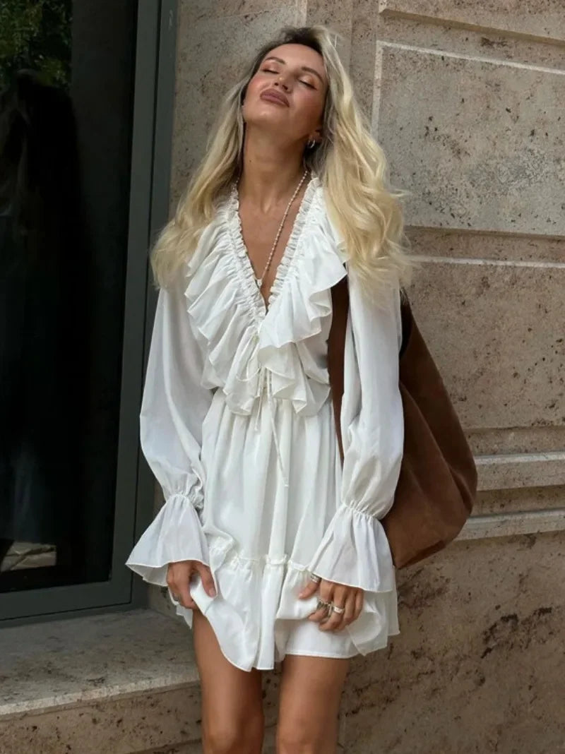 Ingvn  Fall V-neck Flare Sleeve Ruffles Short Dresses Streetwear Women's High Waist Lace-up Tunics Ruched A-line Pink Party Dress