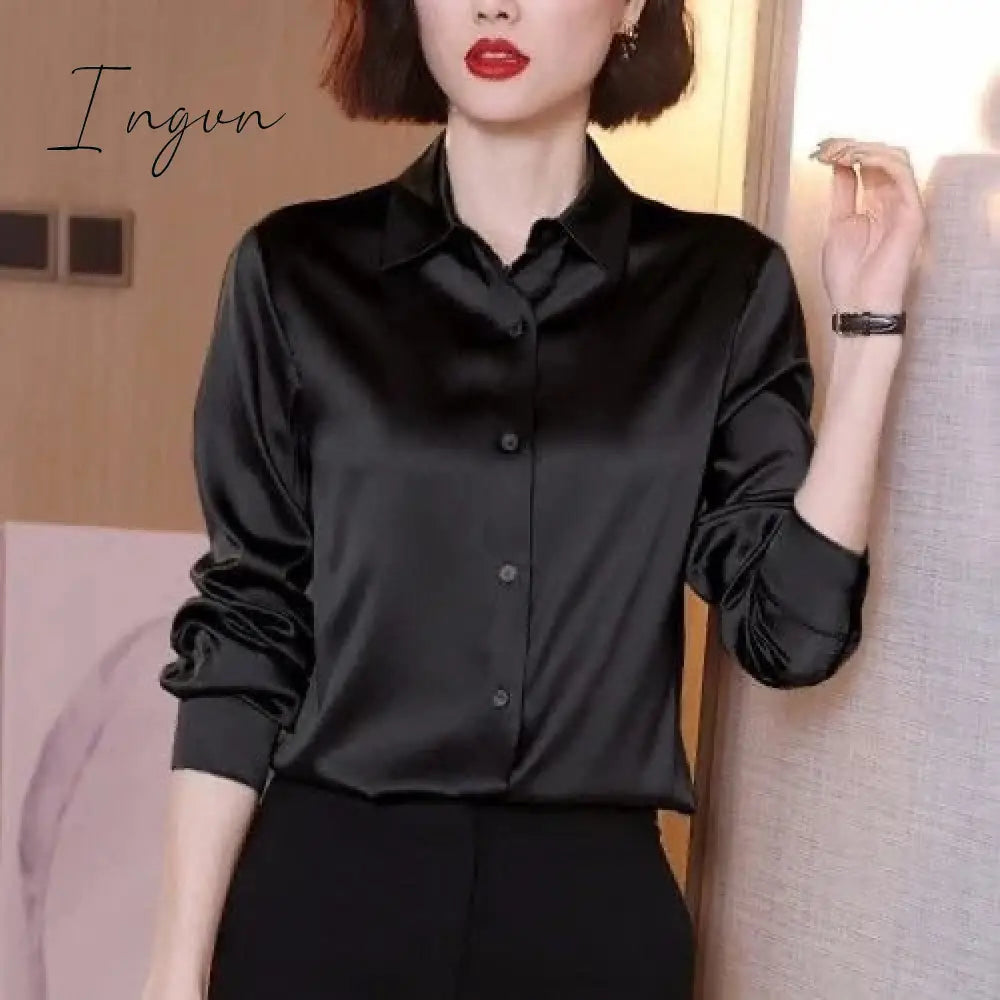 Ingvn - Brand Quality Luxury Women Shirt Elegant Office Button Up Long Sleeve Shirts Momi Silk Crepe Satin Blouses for Women Fashion Business Ladies Top