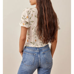 Summer Tops For Women Sweetheart Neck Tie Bow Fruit Print Blouses Back Smocked Short Puff Sleeve Elegant Chiffon Blouse