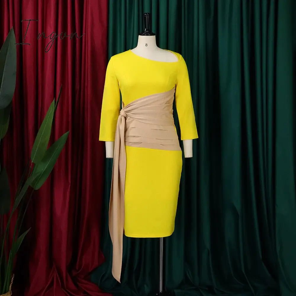 Ingvn - Autumn Fashion Elegant Colorblock Lace-Up Dress Women Office Ladies OL Colorblock Slim Dress Women