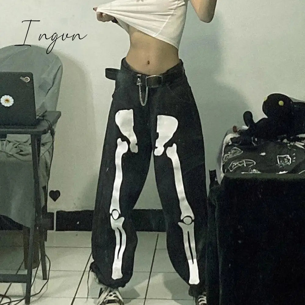 Ingvn - Hot Sell Quality Gitana Autumn Skeleton Print Vintage  Women's Jeans Low Waist Pants Streetwear Denim Jeans Casual Baggy Jeans Outfits