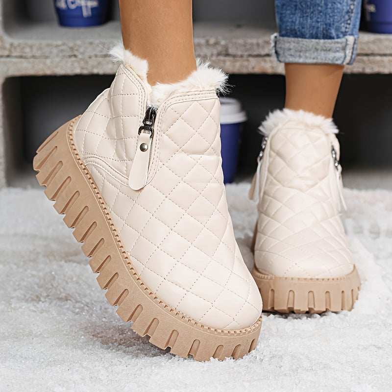 1pr Winter Warm Fleece-Lined Ankle Boots for Women - Casual Solid Color Round Toe Zippered Comfort Boots with Low Platform Heel, Non-Slip Rubber Sole, Fabric Insole - PU Upper, Fabric Lining - Thick Warm Snow Boots