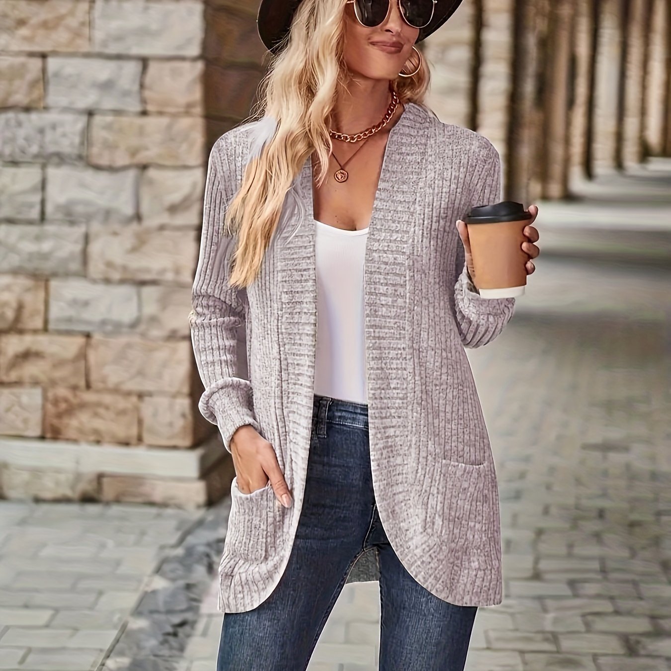 Solid Color Open Front Cardigan, Versatile Long Sleeve Pockets Cardigan For Spring & Fall, Women's Clothing