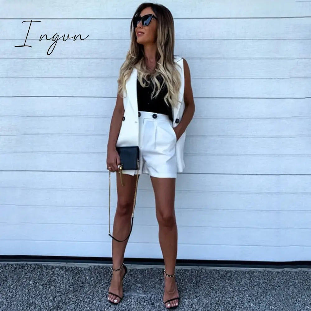 Ingvn - Women Sleeveless plaid button up elastic waist Blazer Top and pocket short Set Elegant Office Ladies Suits Women Workwear