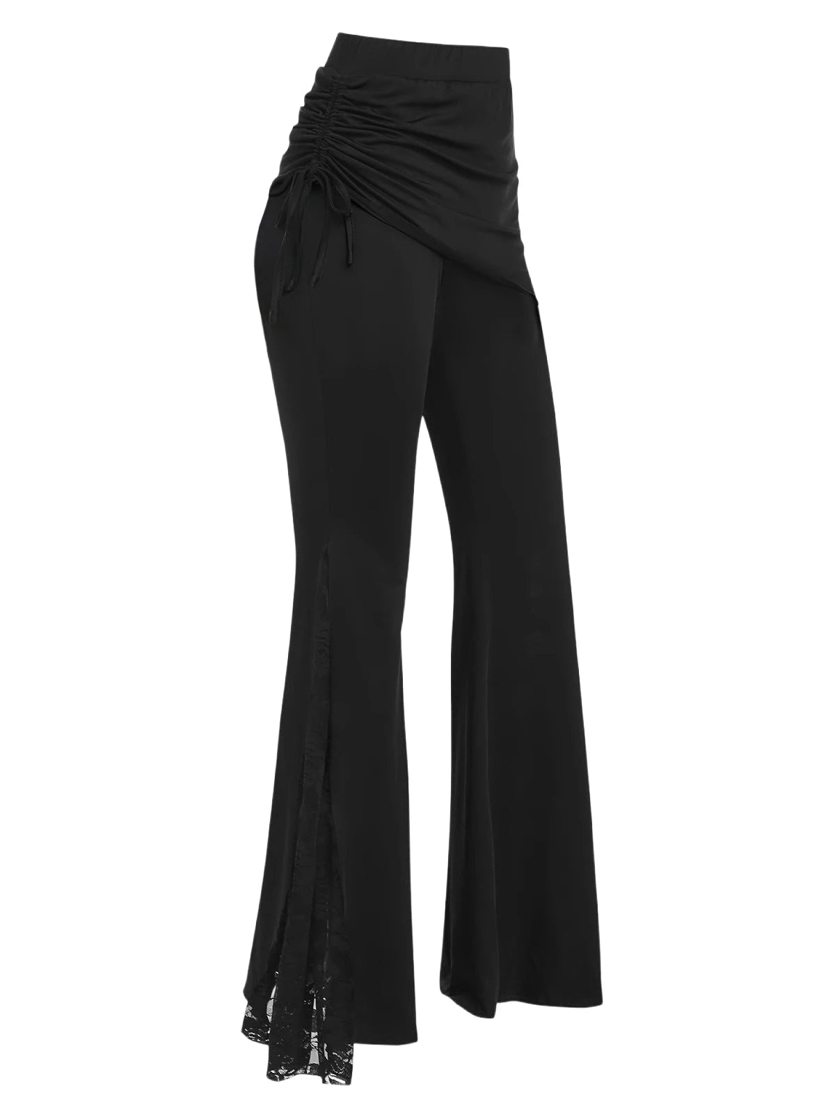 2025 Women's Gothic Black Pants Vintage Flower Lace Insert Skirted Flare Pants Retro Pants