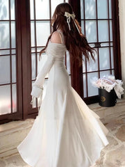 Elegant Solid Wedding Dresses for Women Long Sleeve Off Shoulder A-Line Party Prom Vestidos Female Fashion Long Robe Clothes New