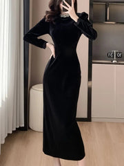 Autumn Velvet Slim Dress for Women Elegant Long Sleeve Diamond-encrusted Evening Party Robe Solid One Piece Casual Clothes New