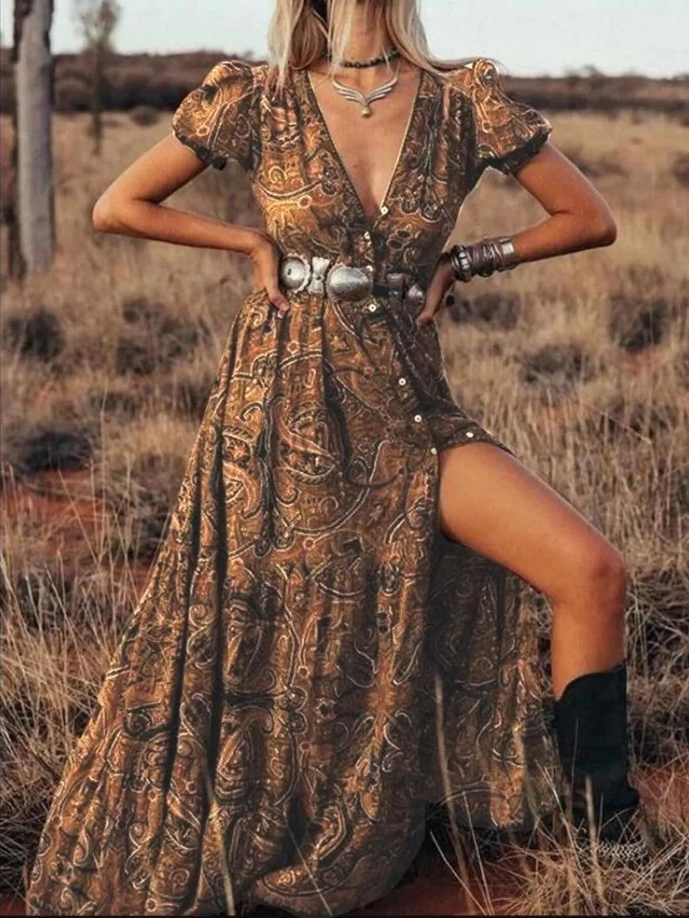 Full Size Printed Puff Sleeve Maxi Dress Plus Size